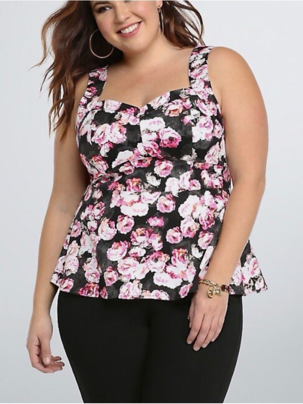 Torrid Rose Print Peplum Top Black Pink Size 1X Torrid 1